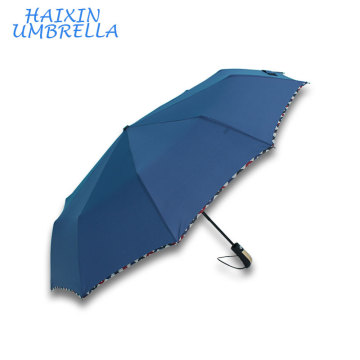 Quality Chinese Products Sombrillas Promotion Pongee Fabric with Check Border Design Three Folding Umbrella Auto Open and Close